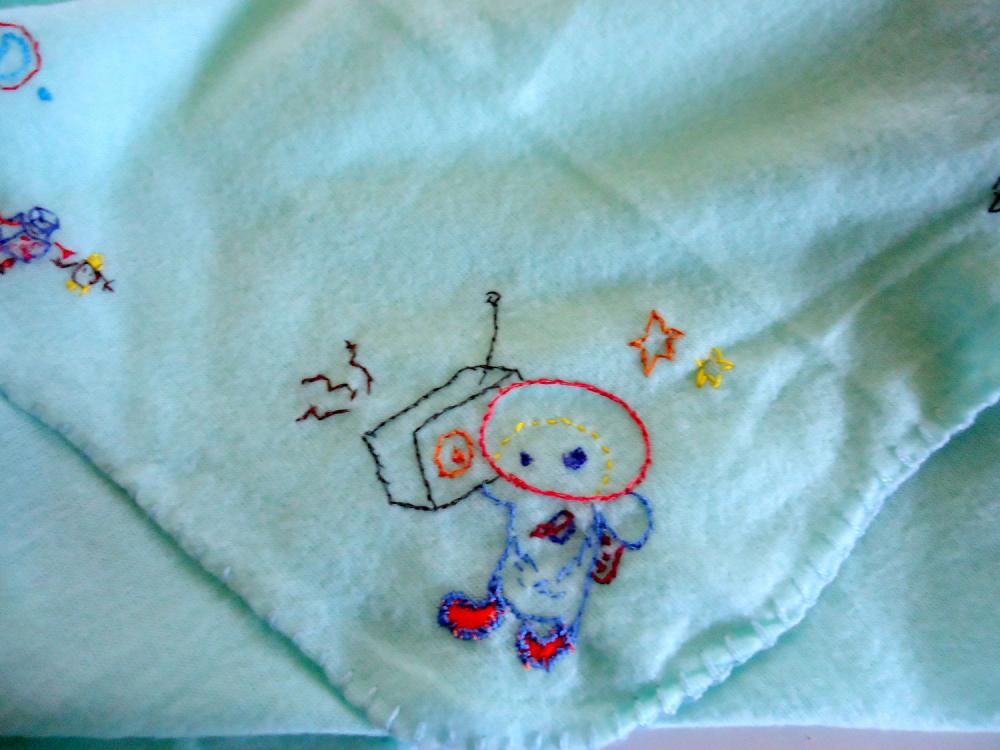 Fleece Baby Blanket Mint Green With Embroidered Space Motifs